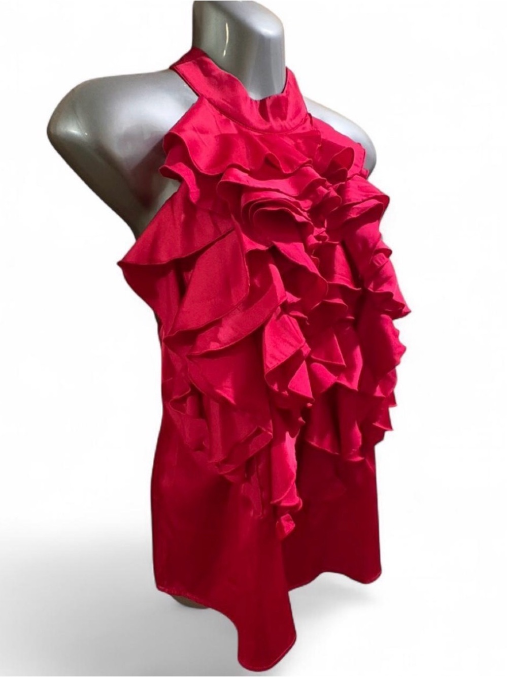 New York & Co Ruffled Halter Neck Sleeveless Top in Bright Pink Sz L